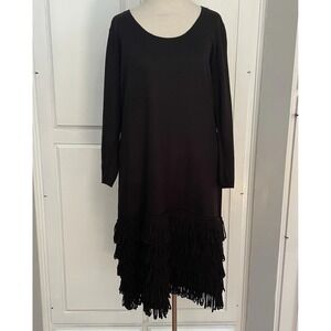 Calvin Klein Tiered midi Black Loop Fringe Dress Long sleeve Stretch Size L/XL??
